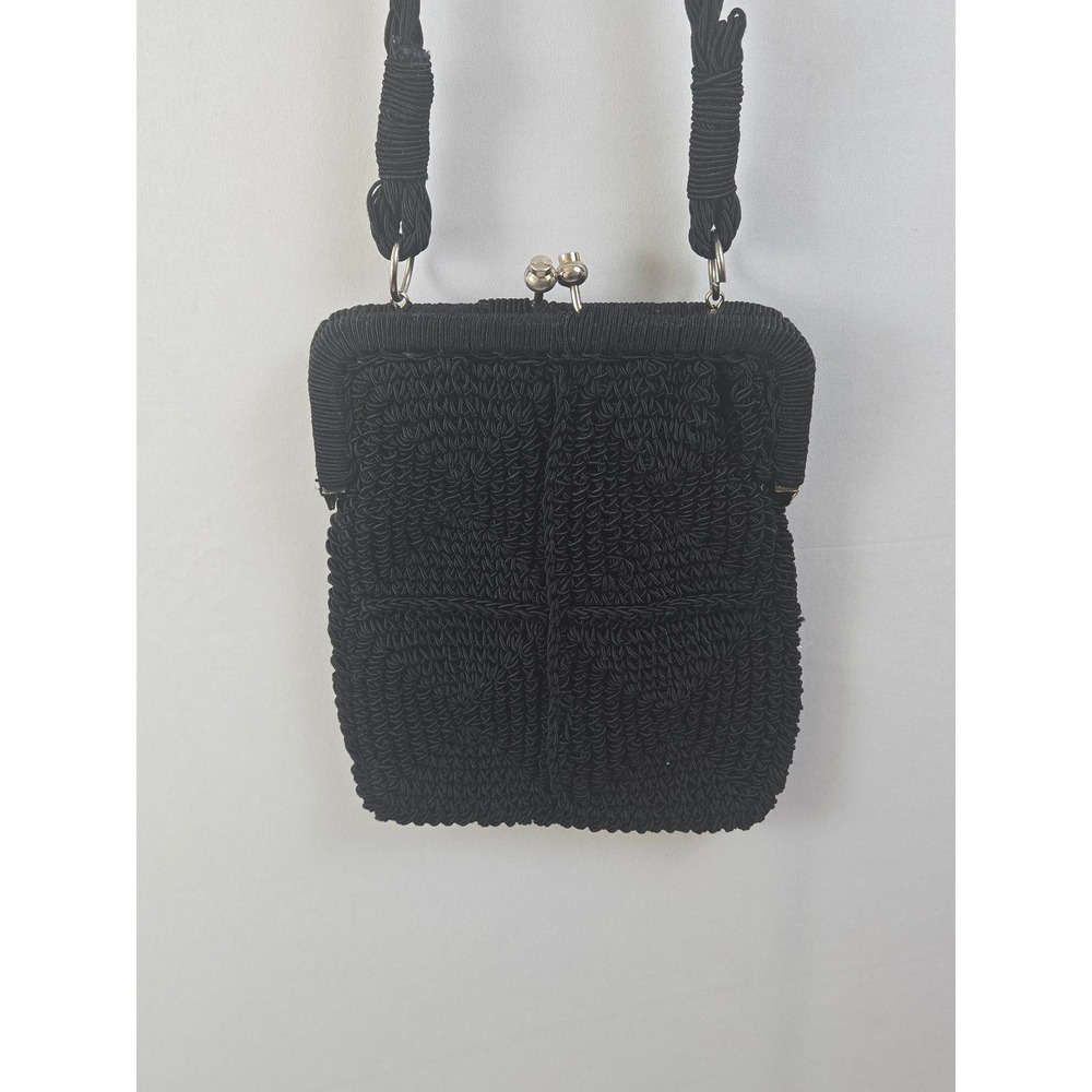 Vintage Black Crochet Corded Kiss Lock Crossbody Bag Braided Strap Evening Purse
